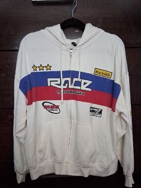 Divided Cream Zip Hoodie with Blue and Red Racing Stripes